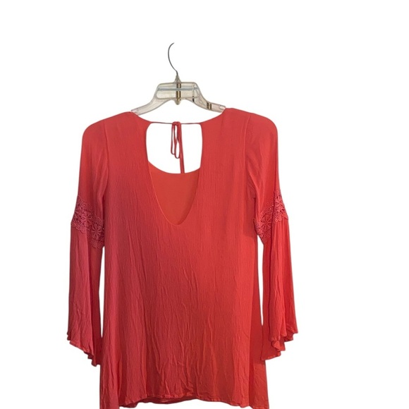 Double Zero coral embroidered lace bell sleeve Boho western linen shift dress - Picture 5 of 7